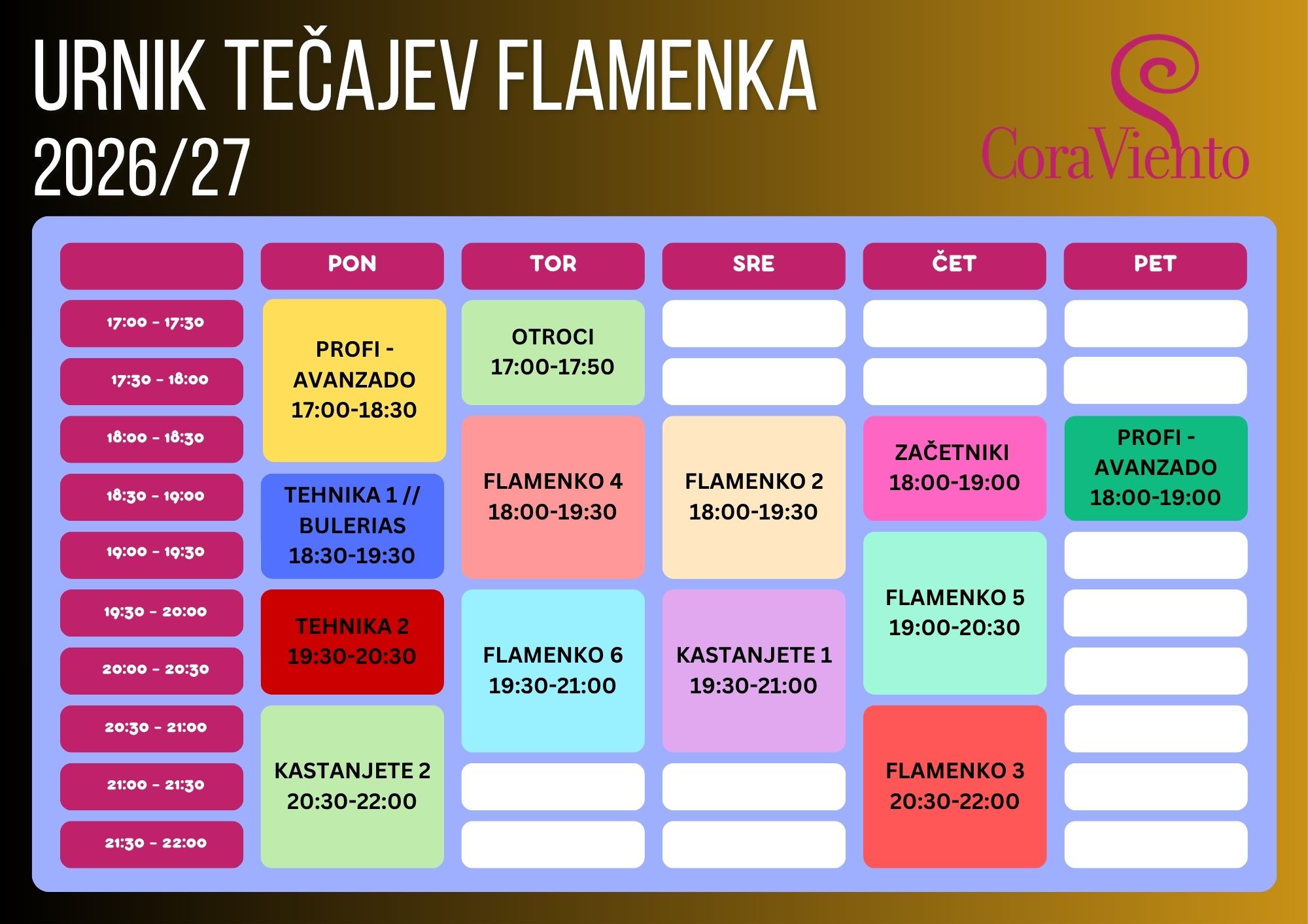 CORAVIENTO URNIK 2027 s tehniko urnik flamenko nov